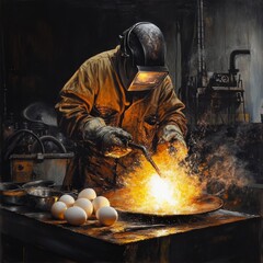 A welder works in a dimly lit workshop, sparks fly as he welds a metal piece.