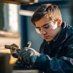 A young man wearing safety glasses and gloves works on a metal part in a workshop.