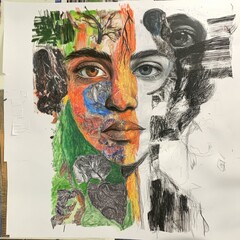 Colorful abstract portrait with a split face, one side with nature and the other in black and white.