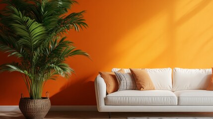 Wall Mural - Contemporary living room with white sofa and orange wall