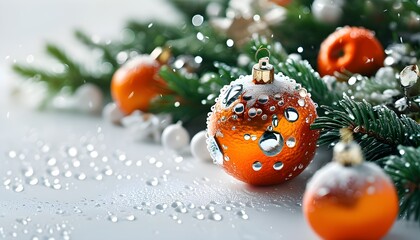 Tangerine Christmas Ornament Sparkling with Dewdrops, Isolated on White for a Unique Holiday Decoration Theme