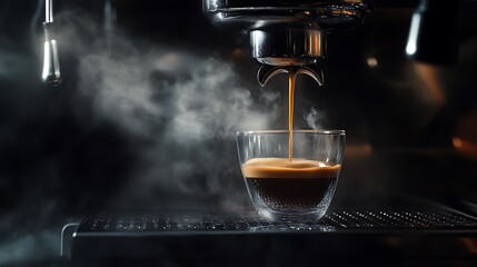 A close-up of an espresso machine pouring a shot of espresso into a glass cup with steam rising from the cup.