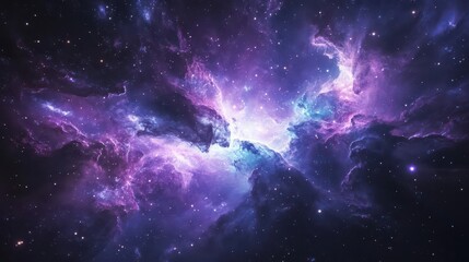 Wall Mural - ethereal cosmic panorama swirling nebulae and glowing stars against inky void iridescent hues of pur
