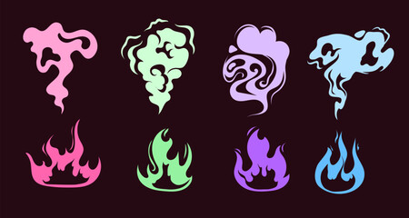 Wall Mural - Colorful flame magic light gas isolated set. Vector flat graphic design illustration