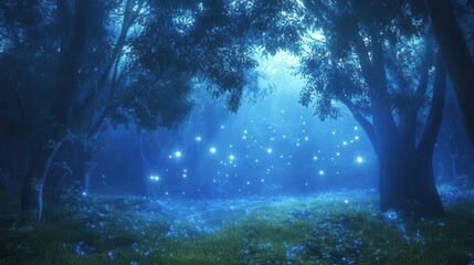 ethereal forest bathed in mystical blue light with glowing fireflies or magical orbs floating among misty trees creating an enchanted atmosphere