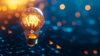 Glowing light bulb with filament on a blurred blue and orange background, symbolizing innovation, idea, and creativity in a modern tech atmosphere.