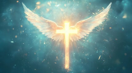 Wall Mural - Bright cross with glowing, soft angel wings in an ethereal, heavenly scene, capturing a peaceful and divine presence.