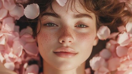 ethereal portrait of young woman with flower petals soft focus pastel pink background creates dreamy spa atmosphere natural beauty and skincare concept