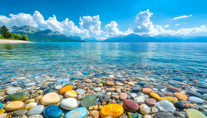 The sea is full of colorful pebbles, and the pebble beach on both sides is covered with many colored glass stones