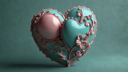 Wall Mural - 3D pink heart in a soft turquoise setting, adding a touch of elegance.