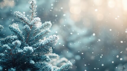 ethereal winter scene with softly focused christmas tree in foreground bokeh snowflakes creating dreamy atmosphere