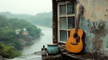 A classical guitar is placed next to the window. Beautiful natural view with light rain. youtube cover.