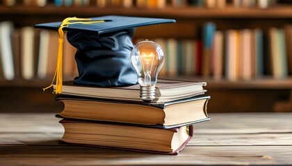 Wall Mural - Innovative Learning: Graduation Cap on Light Bulb Surrounded by Books on Wooden Table for Global Education Week