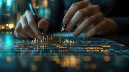 Businessman analyzing financial balance sheet of company working with digital virtual graphics. Businessman is calculating financial data for investment growth target in 2024