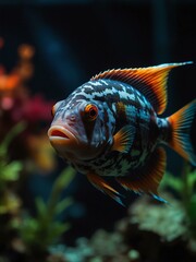 A close-up of an exotic fish navigating a dark aquarium, emphasizing the contrast between its vibrant colors and the shadowy background.