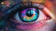 © Bijac - extreme closeup of a human eye with iris transformed into a swirling galaxy of vibrant paint splatters tears of colorful ink trickling down ethereal skin