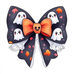 Wall Mural - Cute Halloween Ghost Bow with Pumpkin Illustration