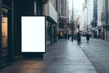 Wall Mural - A blank white vertical billboard stands in the middle of an empty street, next to buildings and shops. The setting is urban, with people walking around, creating a lively atmosphere. 