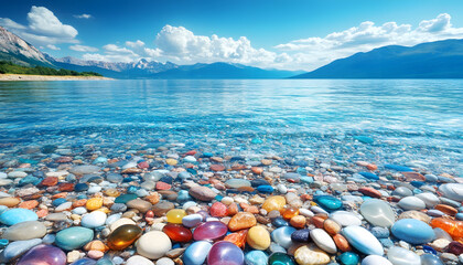 The sea is full of colorful pebbles, and the pebble beach on both sides is covered with many colored glass stones