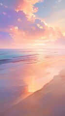 Serene pastel beach with calm waters reflecting a glowing sunset sky and soft sands glowing in the light