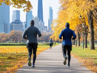 Two joggers run through a scenic park with autumn leaves, framed by a vibrant city skyline.