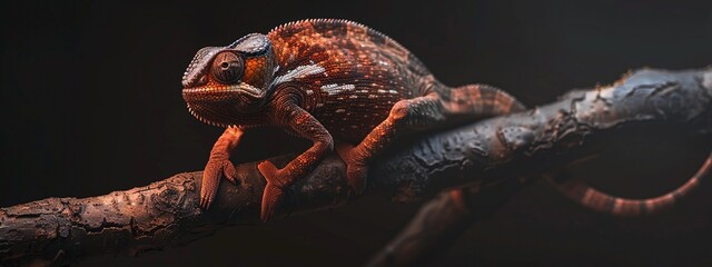 Wall Mural - Hyper-realistic 4K image of a dark burnt orange chameleon smoothly blending into its background, showcasing natural camouflage and adaptability in stunning detail.
