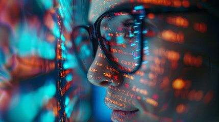 Close-up of a Person's Face with Code Overlaid, Blurred Lights in Background