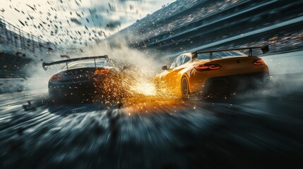 Wall Mural - Two touring cars clash on a tight corner, creating sparks and smoke as they battle for position. The grandstands filled with spectators amplify the thrill of the competition