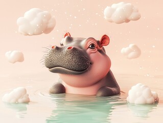 Canvas Print - Cute Hippopotamus Floating in Water With Clouds