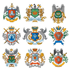 Sticker - heraldic badges. collection of business identity set in luxury style old style weapons and armors ri