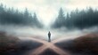 © tantawat - Person Standing at a Crossroads in a Misty Forest Symbolizing Life Altering Decisions