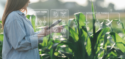 AI and IoT are revolutionizing agriculture technology, as seen in this image of a farmer woman holding a tablet to analyze data, research agricultural issues, and visualize solutions through innovativ