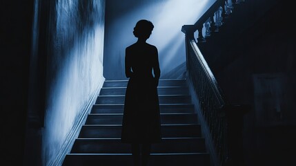 Poster - Silhouette of a woman standing at the bottom of a staircase 