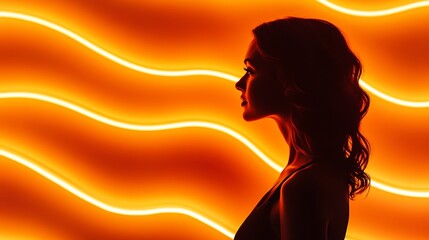 Canvas Print - Woman's silhouette against a backdrop of wavy orange neon lights 