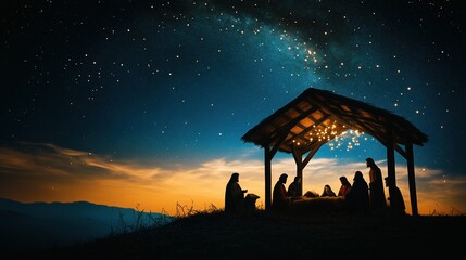 Holy family and wise men gathering around baby Jesus under starry sky  of Bethlehem - nativity scene