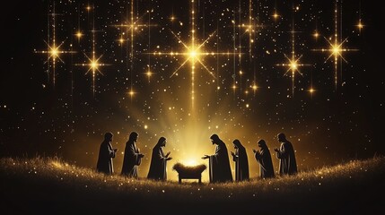 Holy family and wise men gathering around baby Jesus under starry sky  of Bethlehem - nativity scene