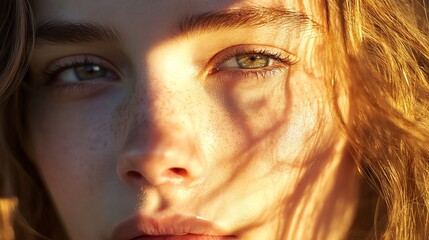 Poster - Close-up portrait of a young woman with sunlight on her face 