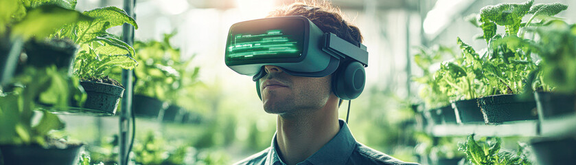 Virtual Farming Future Agriculture with Man in VR Goggles Surrounded by Digital Plants and Growth Data