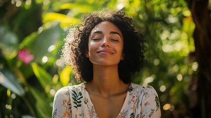 Wall Mural - Smiling woman meditating with eyes closed in garden 