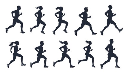 Wall Mural - set of runner man woman silhouette sport illustration running vector jogging athlete run adult competition girl marathon set race athletic exercise fitness group on white background