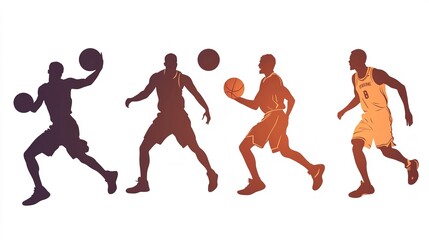 Wall Mural - basketball players silhouettes. basketball players playing with ball, five basketball players silhouette on white background 