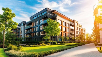 Wall Mural - A modern apartment building complex with a grassy lawn and a walkway in the foreground. The sun is setting in the background.