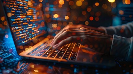 Close-up of Hands Typing on a Laptop with Code on the Screen and Bokeh Lights in the Background
