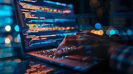 Hands Typing Code on a Laptop with Blurred City Lights in the Background