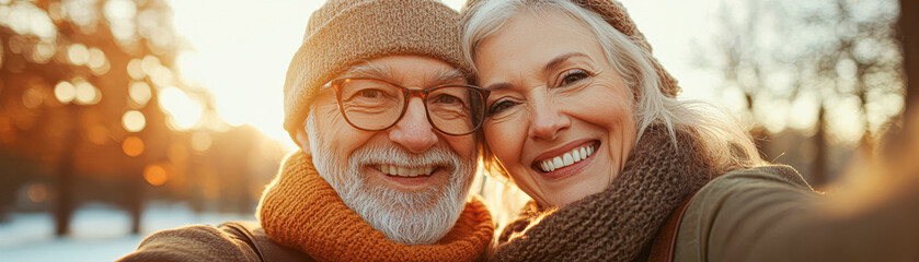 Capturing Love Cheerful Elderly Couple Bonding Outdoors, Taking Selfie in Warm Daylight