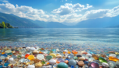 The sea is full of colorful pebbles, and the pebble beach on both sides is covered with many colored glass stones