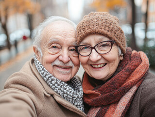 Poster - Happy Senior Couple Capturing Love with a Selfie Outdoors in Warm Daylight