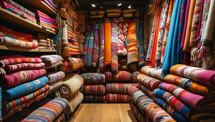 Wall Mural - Welcoming shop adorned with vibrant textiles, cozy blankets, and decorative rugs, illuminated by soft, warm lighting for a pleasant shopping experience