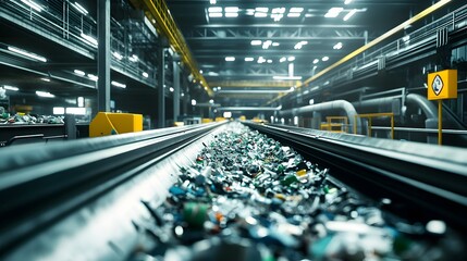 Wall Mural - Image of an eco-friendly automated recycling facility with conveyor belts,pipes,and various processing equipment handling and sorting different materials such as plastic,metal.