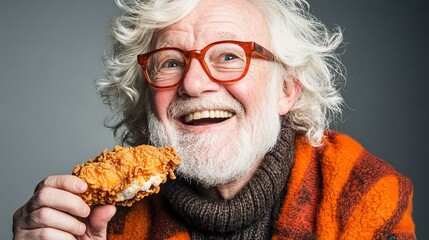 Wall Mural - A middle-aged man laughing with a piece of fried chicken in hand, showing the casual and joyful side of enjoying comfort food. The professional studio setting provides a clean and polished look to